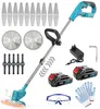 A collection of items for a cordless string trimmer, including the trimmer itself, batteries, charger, blades, safety glasses, and gloves, arranged on a white background. Produktbild-Vorschau