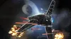 A black LEGO Star Wars ship is shown in space, with explosions and red laser blasts. Produktbild-Vorschau
