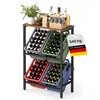 A multi-tiered storage rack filled with bottles, with a decorative plant and other items on the top shelf. Produktbild-Vorschau