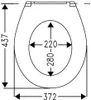 A diagram showing the dimensions of a toilet seat. Produktbild-Vorschau
