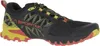 A single black and yellow trail running shoe is shown against a white background. Produktbild-Vorschau