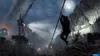 A person ziplining across a rainy, mountainous landscape at night, with a large crane and lights in the background. Náhled obrázku produktu