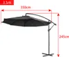 A black cantilever umbrella is shown with dimensions indicated by red lines and text. Voir les images du produit