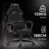 A black gaming chair with dimensions and weight capacity indicated by text and graphics. Produktbild-Vorschau