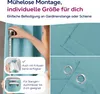 A person is measuring a teal curtain, with close-ups of curtain details and mounting options. Produktbild-Vorschau