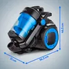 A black and blue bagless cylinder vacuum cleaner is shown from a side-angle with dimensions indicated by blue arrows and text. Produktbild-Vorschau