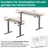 Two adjustable height desks are shown with dimensions indicated. Below the desks, there is text describing the product and some certificates. Produktbild-Vorschau