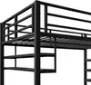 Close-up view of a black metal loft bed frame with shelves and a ladder. Produktbild-Vorschau