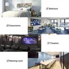 A collage of different room settings, including a bedroom, classroom, cinema, and meeting room, with text overlays indicating the suitability of a product for these environments. Produktbild-Vorschau