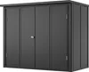 A dark gray metal garden shed with double doors and a lock. Náhled obrázku produktu
