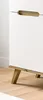A close-up view of the bottom corner of a white cabinet with wooden legs and a wooden handle. Produktbild-Vorschau