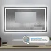 A bathroom mirror with integrated LED lighting above a sink, with a promotional overlay highlighting a feature. Produktbild-Vorschau