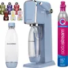 A collection of SodaStream products including a blue water carbonator, bottles, and flavor syrups, along with a CO2 cylinder. Produktbild-Vorschau
