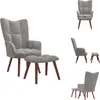 A collage of different views of a gray velvet armchair with a matching ottoman.