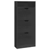 A tall, narrow black shoe cabinet with three flip-down drawers and an open shelf at the top. Produktbild-Vorschau