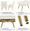 A collage of images showing a cream-colored armchair and ottoman with gold legs, highlighting features with text. Náhled obrázku produktu