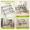 A collage of images showing a black metal plant stand used as a flower stand, a display stand, and a shoe rack. Podgląd zdjęcia produktu