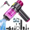 A product image showcasing a cordless handheld vacuum cleaner with various attachments and accessories, presented in a dynamic, illustrative style with visual effects. Produktbild-Vorschau