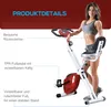 A woman is posing next to a stationary exercise bike, with product feature callouts. Náhľad obrázku produktu