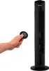 A hand holding a remote control is shown next to a black tower fan. Produktbild-Vorschau