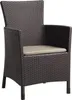 A brown wicker chair with a beige cushion on a white background. Produktbild-Vorschau