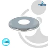 A chrome-plated brass escutcheon plate for a faucet, shown from a slightly elevated angle against a white and gray background with abstract design elements. Produktbild-Vorschau