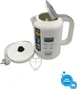 A white Russell Hobbs electric kettle with its lid open, shown with its base and a filter accessory. Produktbild-Vorschau