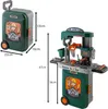 A collage showing a toy tool set in two configurations: a closed suitcase and an open workbench. Voir les images du produit