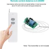 A hand is shown pressing a button on a white remote control, next to a circuit board with a blue relay. Text describes the remote control's distance capabilities. Náhľad obrázku produktu