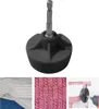 A collage showing a knitting machine adapter, a close-up of knitted fabric, and a pink knitting machine with the adapter attached. Produktbild-Vorschau