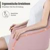 A close-up of a person's arms resting on a pink ergonomic office chair, with marketing text overlayed. Produktbild-Vorschau