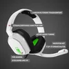 A white gaming headset with green accents is shown against a gray background, with various features highlighted by text labels. Produktbild-Vorschau
