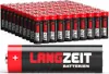 A large group of AA batteries are stacked in the background, with a single AA battery prominently displayed in the foreground. Produktbild-Vorschau