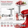 A red KitchenAid stand mixer with a meat grinder attachment, processing meat. Various grinding plates are displayed below. Produktbild-Vorschau