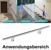 Collage showing a stainless steel handrail used on different types of stairs, with a close-up of the product at the bottom. Náhled obrázku produktu