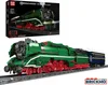 A product box and a built model of a green train with blue carriages on a track. Voir les images du produit