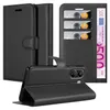 A black leather flip case for a smartphone is displayed, showing its interior card slots and a banknote. Produktbild-Vorschau