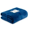 A folded blue quilted blanket with a ribbon and tag. Produktbild-Vorschau