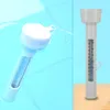 A floating pool thermometer shown in water and then outside of water against a light blue background. Produktbild-Vorschau