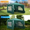 A green gazebo is shown in two different settings: one under sunny skies and another in the rain. Produktbild-Vorschau