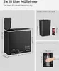 A multi-compartment trash can with dimensions and comparisons to common household items. Produktbild-Vorschau