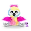 A colorful plush toy bird with big eyes and glittery feet, sitting next to a small purple toy figure. Podgląd zdjęcia produktu