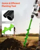 A person is using a green auger drill attachment with a silver drill to dig into the soil. There are inset images showing a hollow rod and a single-fluted spiral. Produktbild-Vorschau