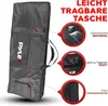 A black keyboard carrying bag with various features highlighted by red circles and text. Produktbild-Vorschau
