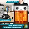 A close-up marketing image of a portable electric heater with glowing heating elements, showing its controls and plug. In the background, a construction worker is visible. Produktbild-Vorschau