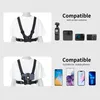 The image shows a chest harness for cameras and phones, with examples of compatible devices. Náhľad obrázku produktu