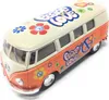 A toy model of a Volkswagen T1 bus, decorated in a retro "Peace and Love" theme with flowers and peace signs. Produktbild-Vorschau