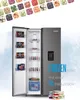 A side-by-side refrigerator with its door open, showcasing frozen food items inside and on the shelves. The background features a collage of various frozen vegetables and a blue, icy texture. Text overlays highlight product features. Produktbild-Vorschau