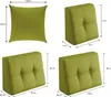 A collage of four images showing different sizes and views of a green wedge pillow, with dimensions indicated. Produktbild-Vorschau