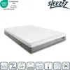 A white and gray mattress is shown on a white background, with various icons and text overlays at the bottom and top of the image. Produktbild-Vorschau